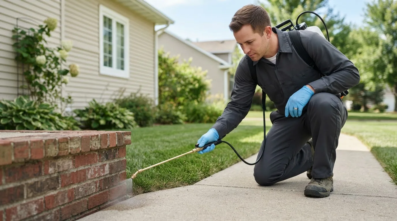 Pest control technician treating a home near Ramsay, MI