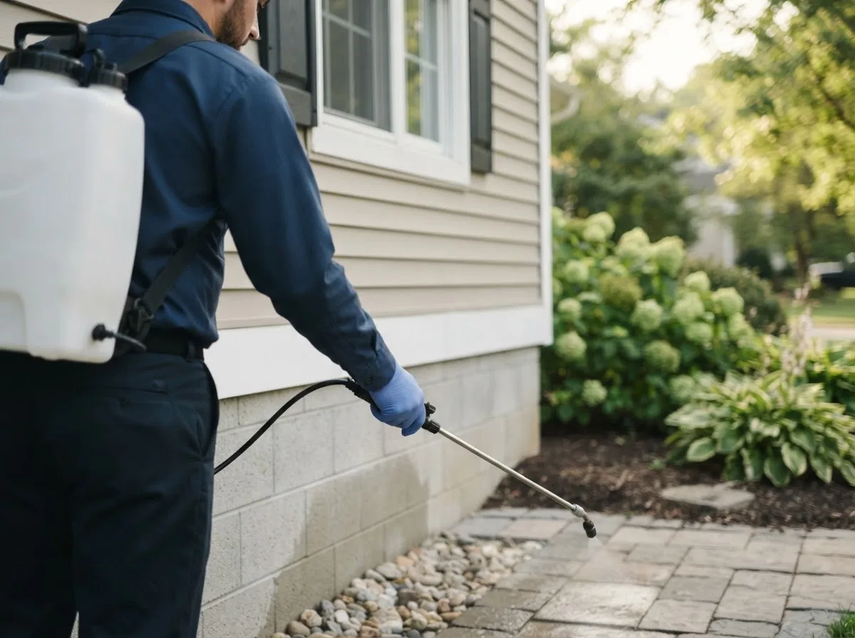 Pest control technician inspecting a home in Ramsay, MI